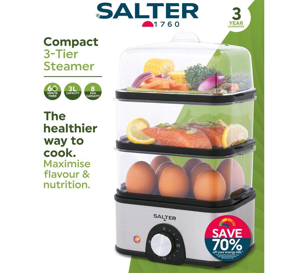 SALTER EK5885 Compact 3-Tier Food Steamer - Stainless Steel & Black image number 7 of 8
