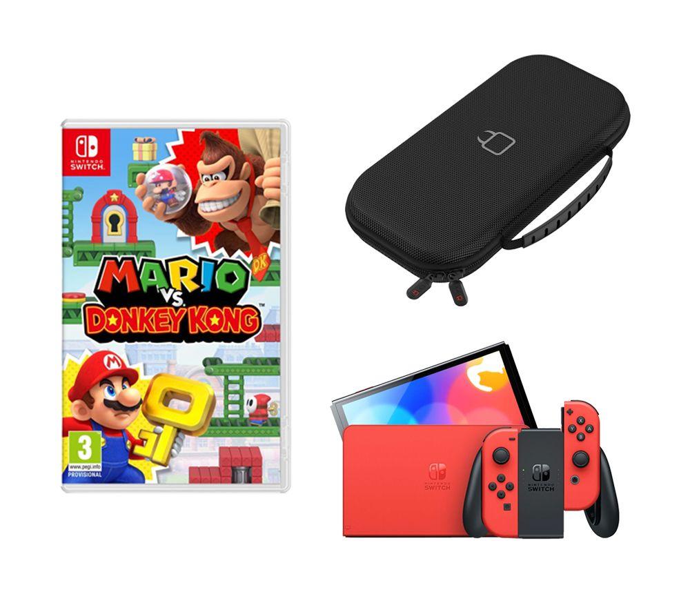 Nintendo Switch OLED (Mario Red Edition), Mario vs Donkey Kong & Nintendo Switch Case (Black) Bundle, Red