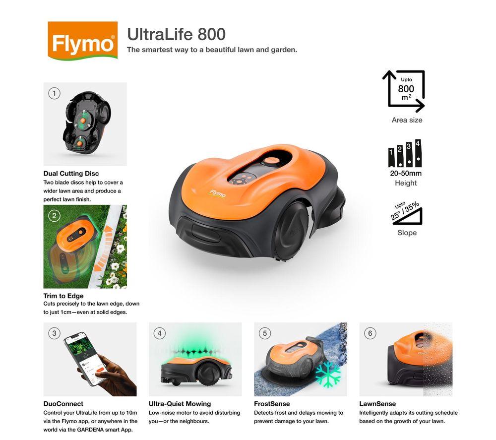 FLYMO UltraLife 800 Cordless Robot Lawn Mower - Black & Orange image number 2 of 19