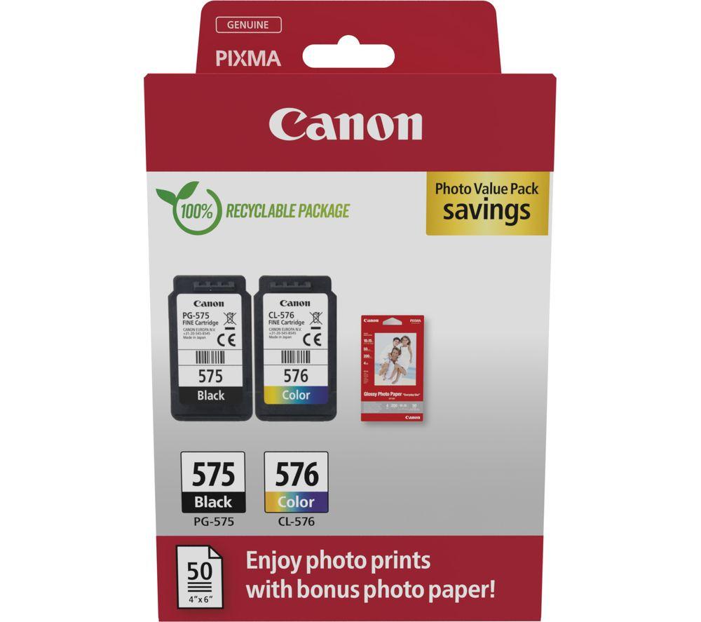 Canon PG-575 / CL-576 Genuine Ink Cartridges, Pack of 2 (1 x Black, 1 x Colour); Includes 50 sheets of 4x6 Photo Paper - Cardboard Multipack