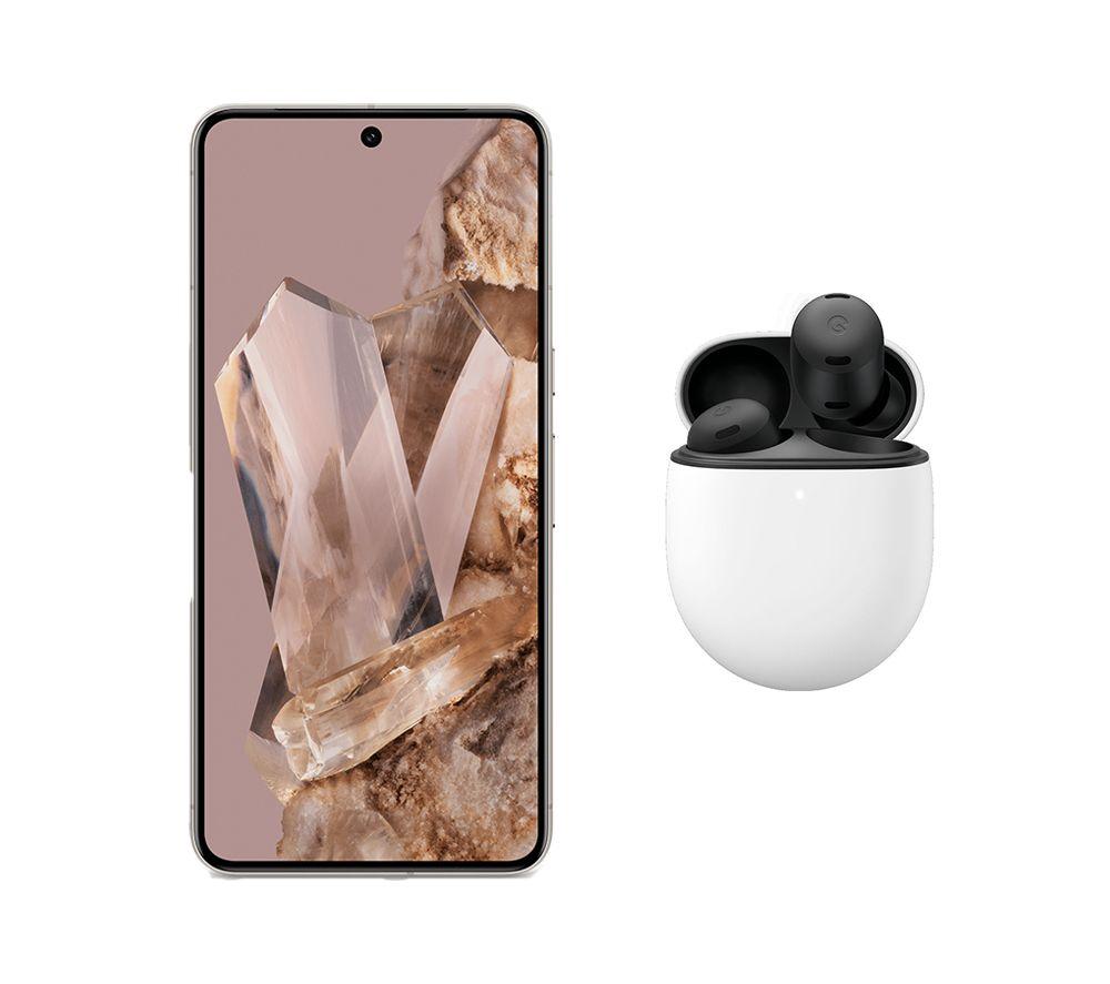 Google Pixel 8 Pro (128 GB, Porcelain) & Pixel Buds Pro Wireless Bluetooth Noise-Cancelling Earbuds (Charcoal) Bundle, White