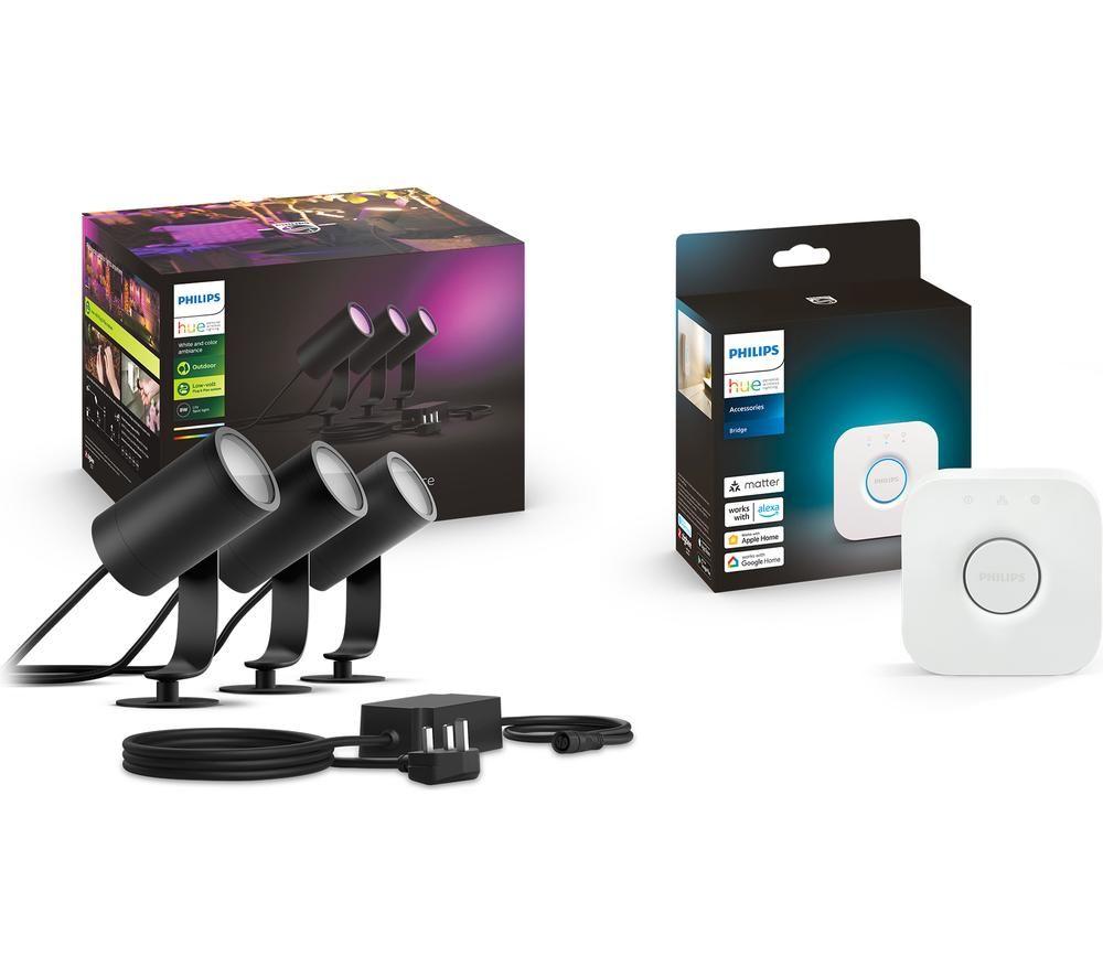 PHILIPS HUE Lily White & Colour Ambiance Smart Outdoor LED Spotlight Starter Kit - Black, Triple Pack