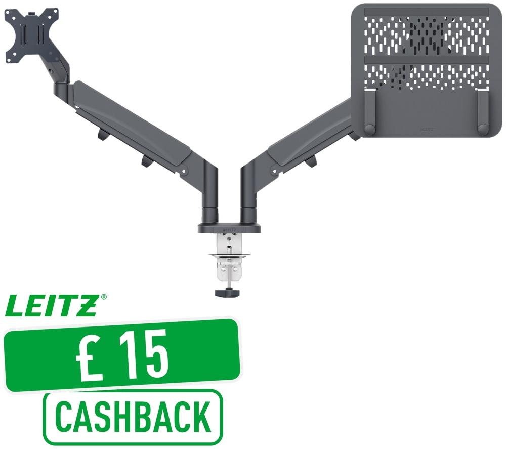 LEITZ Ergo Space Saving Dual Arm Tilt & Swivel 17-32" Monitor and 13-17" Laptop Desk Mount image number 2 of 10