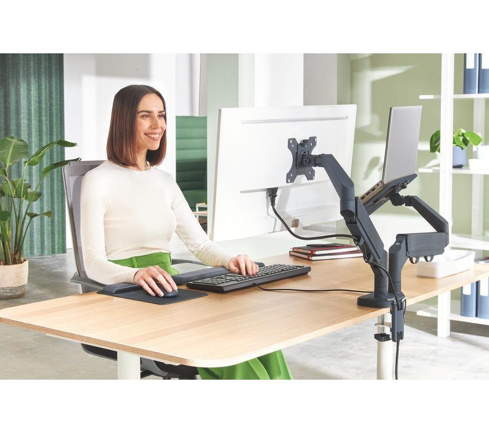 LEITZ Ergo Space Saving Dual Arm Tilt & Swivel 17-32" Monitor and 13-17" Laptop Desk Mount image number 9 of 9