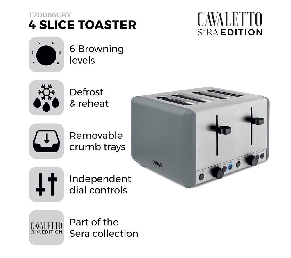 TOWER Sera T20086GRY 4-Slice Toaster - Grey image number 2 of 9