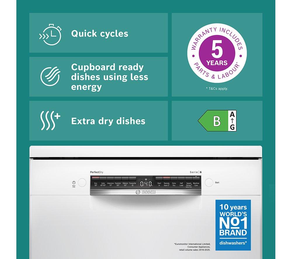 BOSCH Series 6 PerfectDry SMS6ZCW10G Full-size WiFi-enabled Dishwasher - White image number 2 of 21