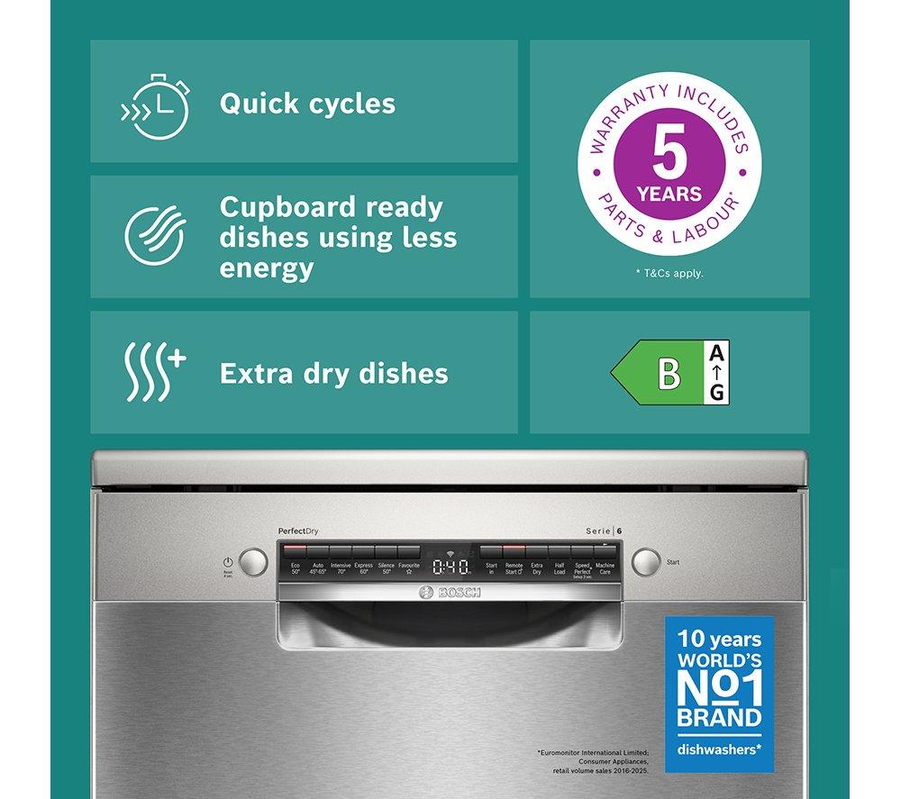 BOSCH Series 6 PerfectDry SMS6ZCI10G Full-size WiFi-enabled Dishwasher - Silver image number 2 of 17