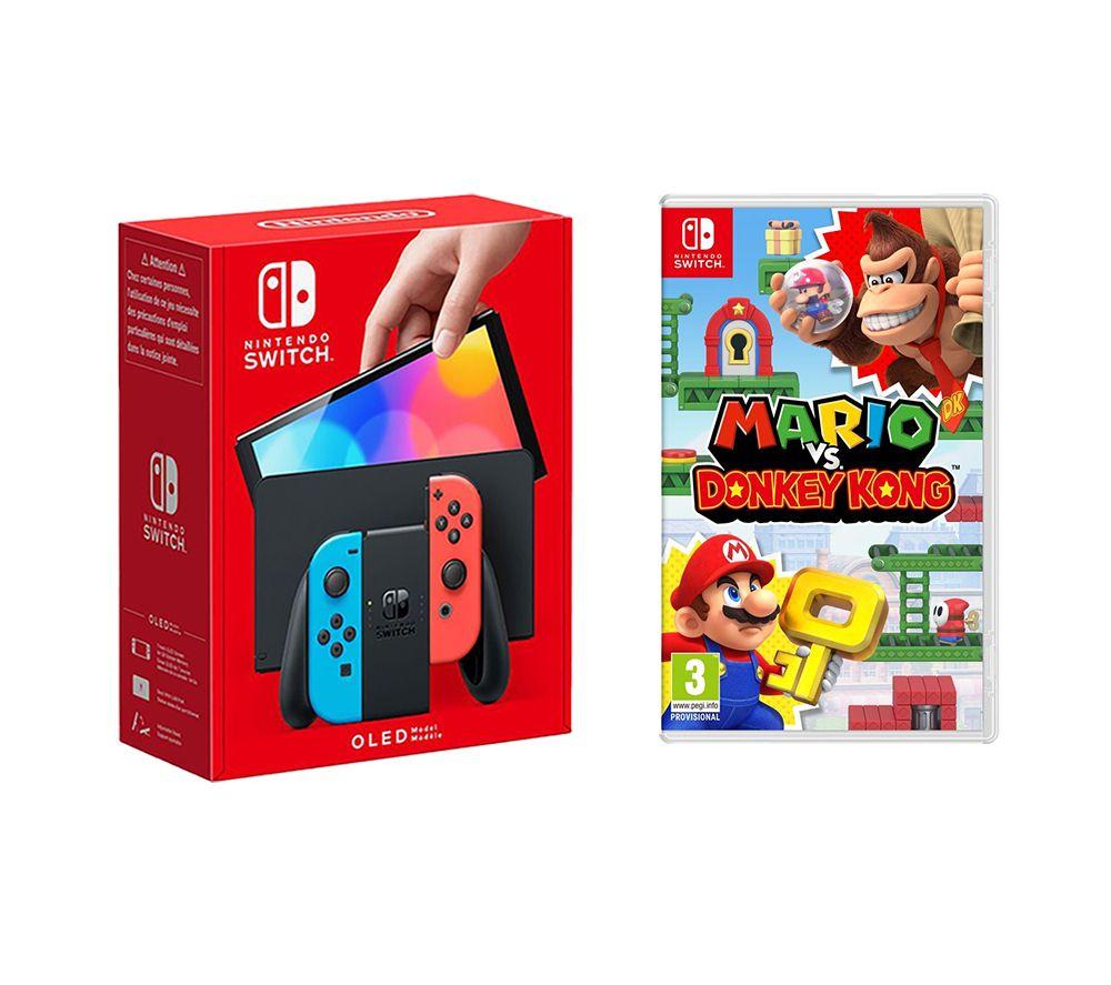 Nintendo Switch OLED (Neon Red & Blue) & Mario vs Donkey Kong Bundle, Red,Blue