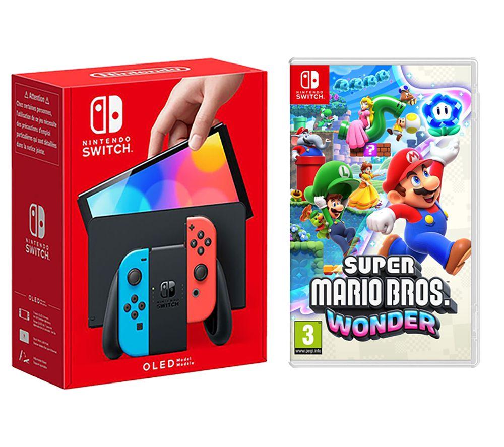 Nintendo Switch OLED (Neon Red & Blue) & Super Mario Bros. Wonder Bundle, Red,Blue