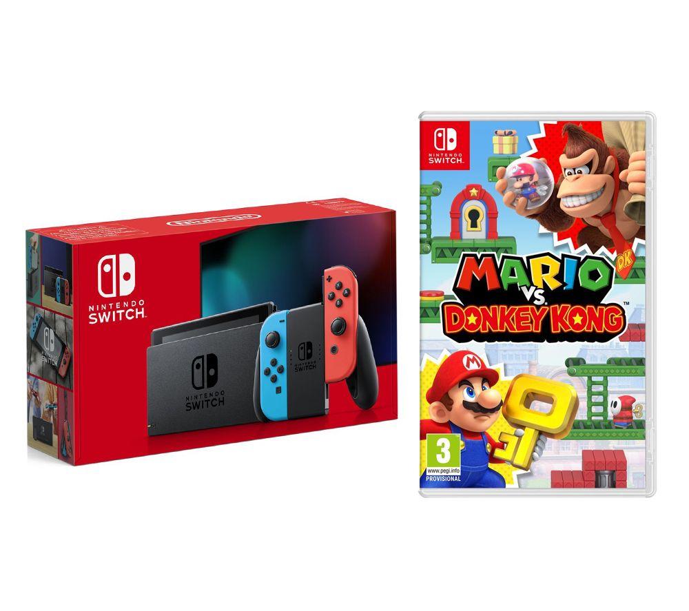 Nintendo Switch (Neon Red & Blue) & Mario vs Donkey Kong Bundle, Red,Blue