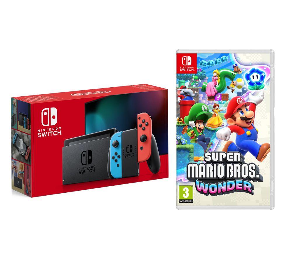 Nintendo Switch (Neon Red & Blue) & Super Mario Bros. Wonder Bundle, Red,Blue