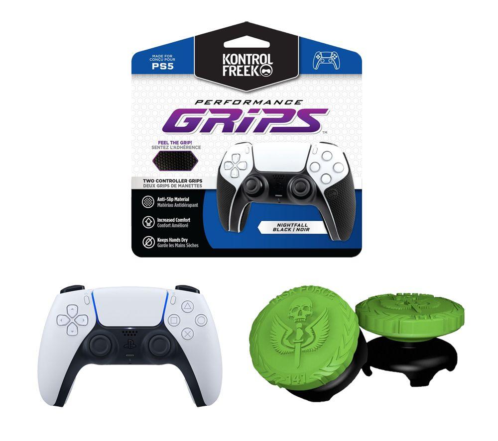 Playstation PS5 DualSense Wireless Controller (White), Call of Duty MW2 2596-PS5 Thumbsticks (Green) & 4777-PS5 Performance Grips (Black) Bundle