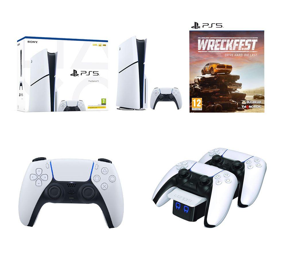 Sony PlayStation 5 Model Group (Slim), PS5 DualSense Wireless Controller (White), Venom VS5001 PlayStation 5 Twin Docking Station (White) & Wreckfest (PS5) Bundle, White