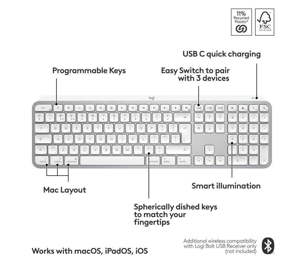 LOGITECH MX Keys S for Mac Wireless Keyboard - Pale Grey image number 6 of 12