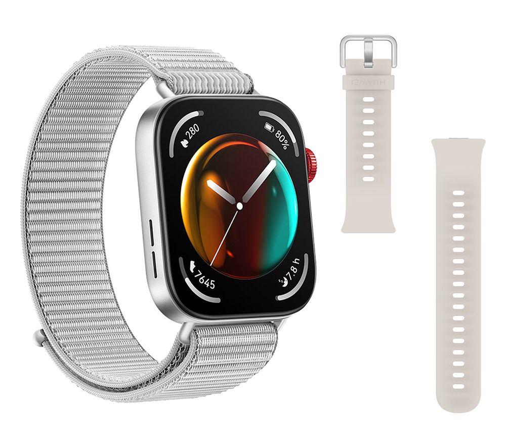 Huawei Watch Fit 3 (Grey, Nylon Strap) & Solo-Strap FIT 3 Watch Band (Moon White) Bundle, Silver/Grey
