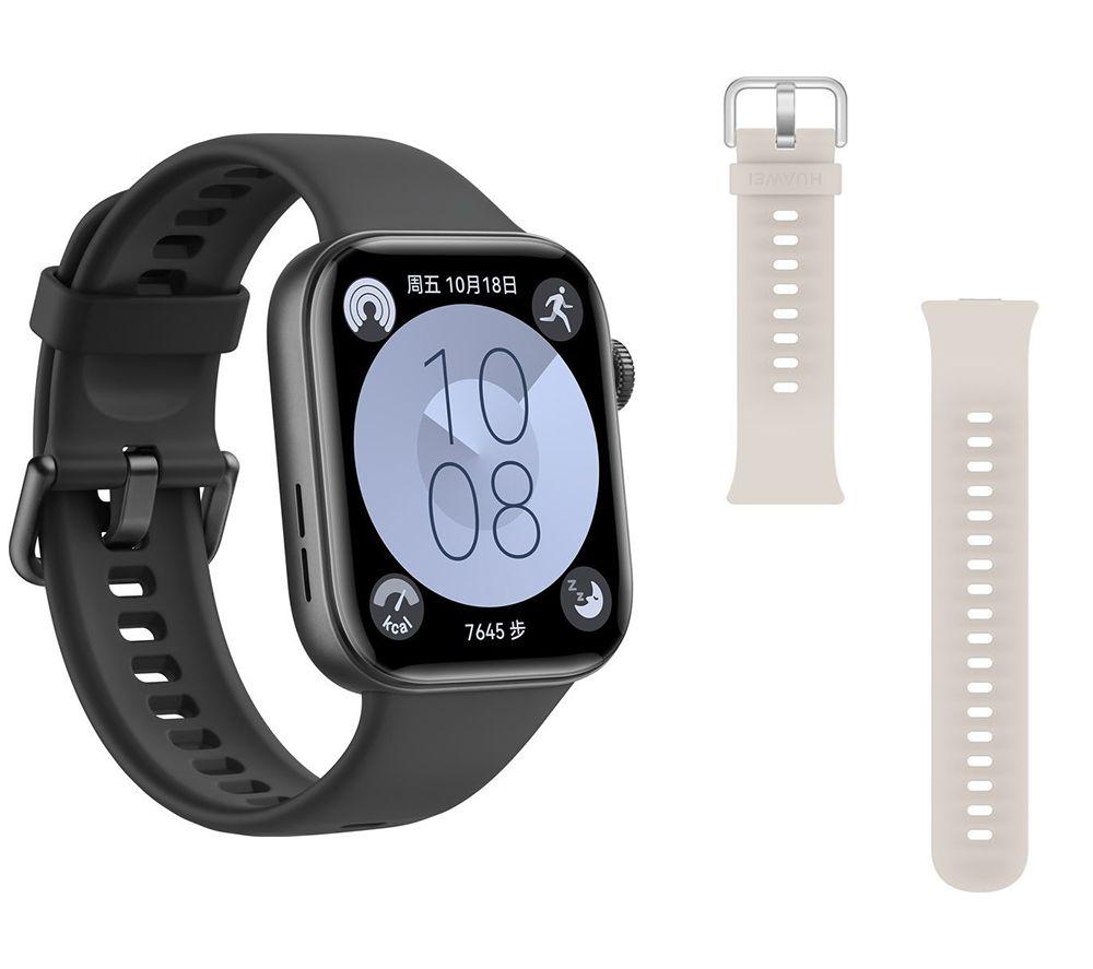 Huawei Watch Fit 3 (Black, Fluoroelastomer Strap) & Solo-Strap FIT 3 Watch Band (Moon White) Bundle, Black