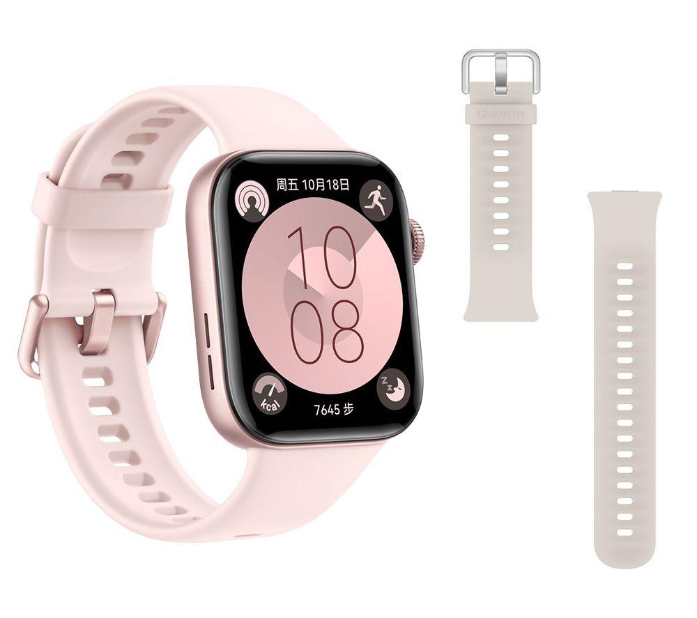 Huawei Watch Fit 3 (Pink, Fluoroelastomer Strap) & Solo-Strap FIT 3 Watch Band (Moon White) Bundle, Pink
