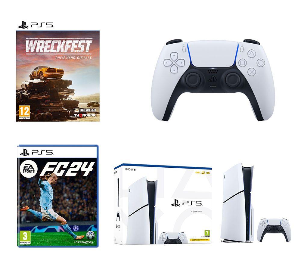 SONY PlayStation 5 Model Group - Slim, Wreckfest, EA Sports FC 24 & DualSense Controller Bundle, Whi