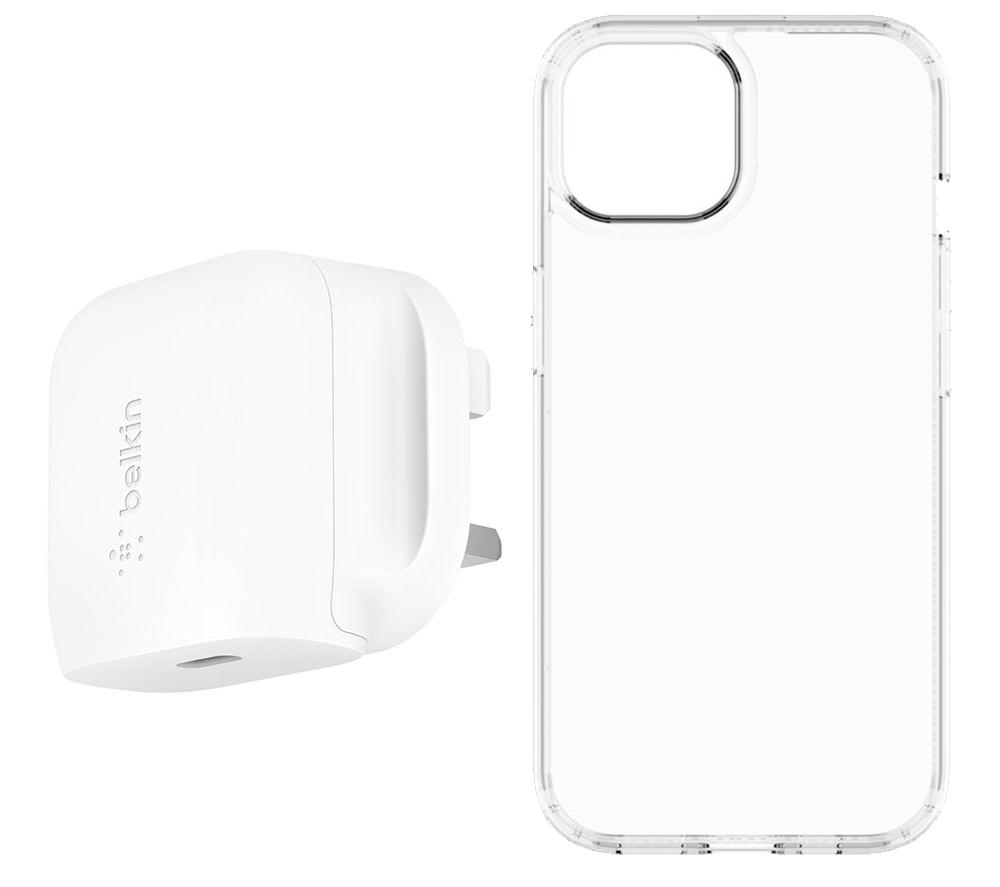 BELKIN 20W Fast Charger & iPhone 13 / 14 /15 Case (Clear) Bundle