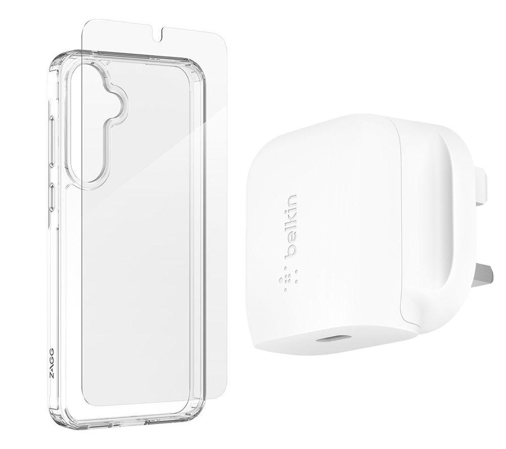 BELKIN 20W Fast Charger & Defence Galaxy A55 Clear Case And Screen Protector Bundle - Clear
