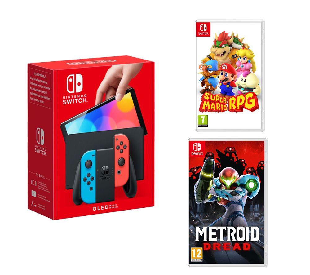 Nintendo Switch OLED, Super Mario RPG & Metroid Dread Bundle - Neon Red & Blue, Red,Blue