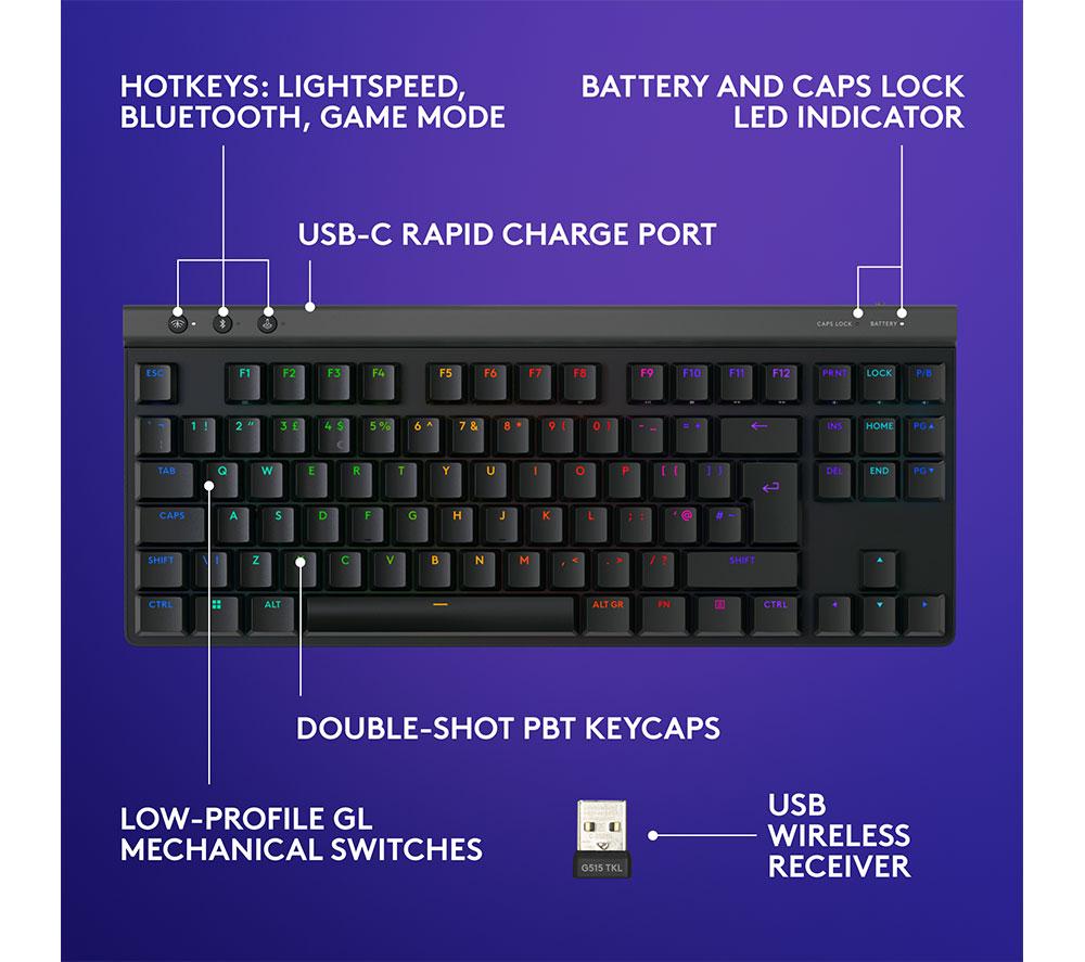 LOGITECH G515 TKL Wireless Mechanical Gaming Keyboard - Black image number 6 of 9