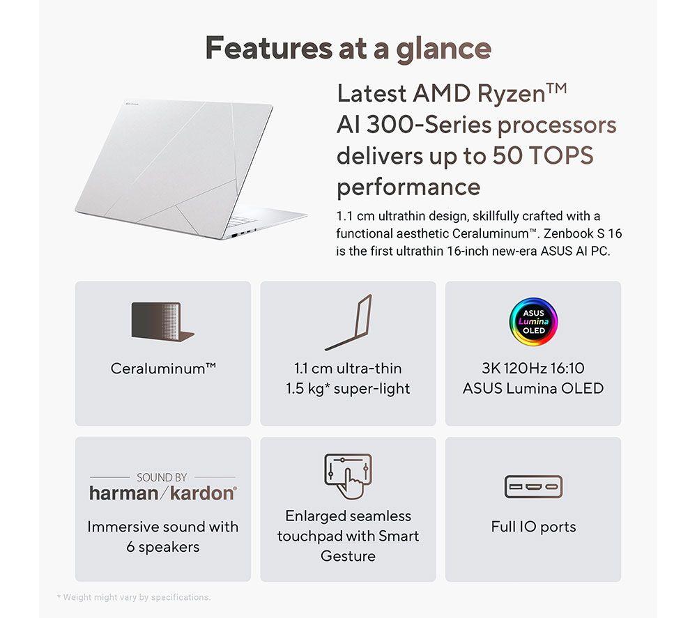 ASUS Zenbook S16 OLED 16" Laptop, Copilot+ PC - AMD Ryzen AI 9, 1 TB SSD, White image number 27 of 27