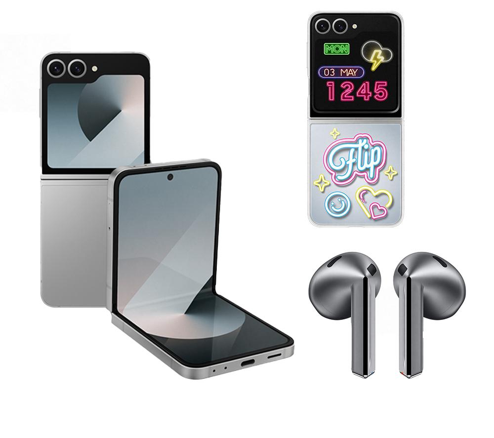 SAMSUNG Galaxy Z Flip6 (256 GB, Silver), Galaxy Buds3 Earbuds & Flipsuit Z Flip6 Case (Neon) Bundle