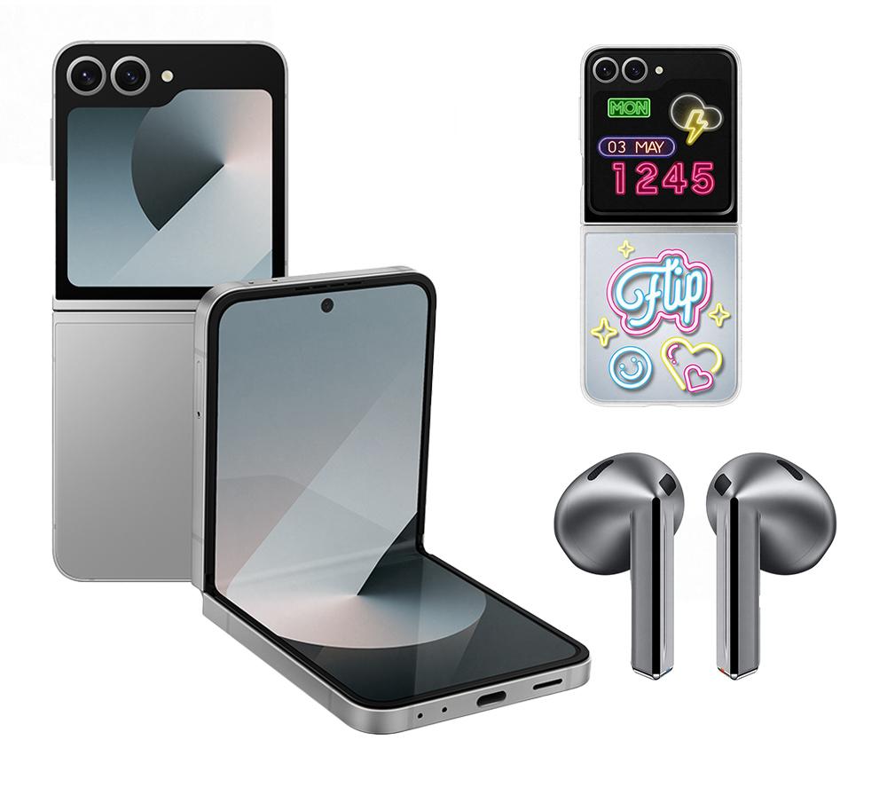 SAMSUNG Galaxy Z Flip6 (512 GB, Silver), Galaxy Buds3 Earbuds & Flipsuit Z Flip6 Case (Neon) Bundle