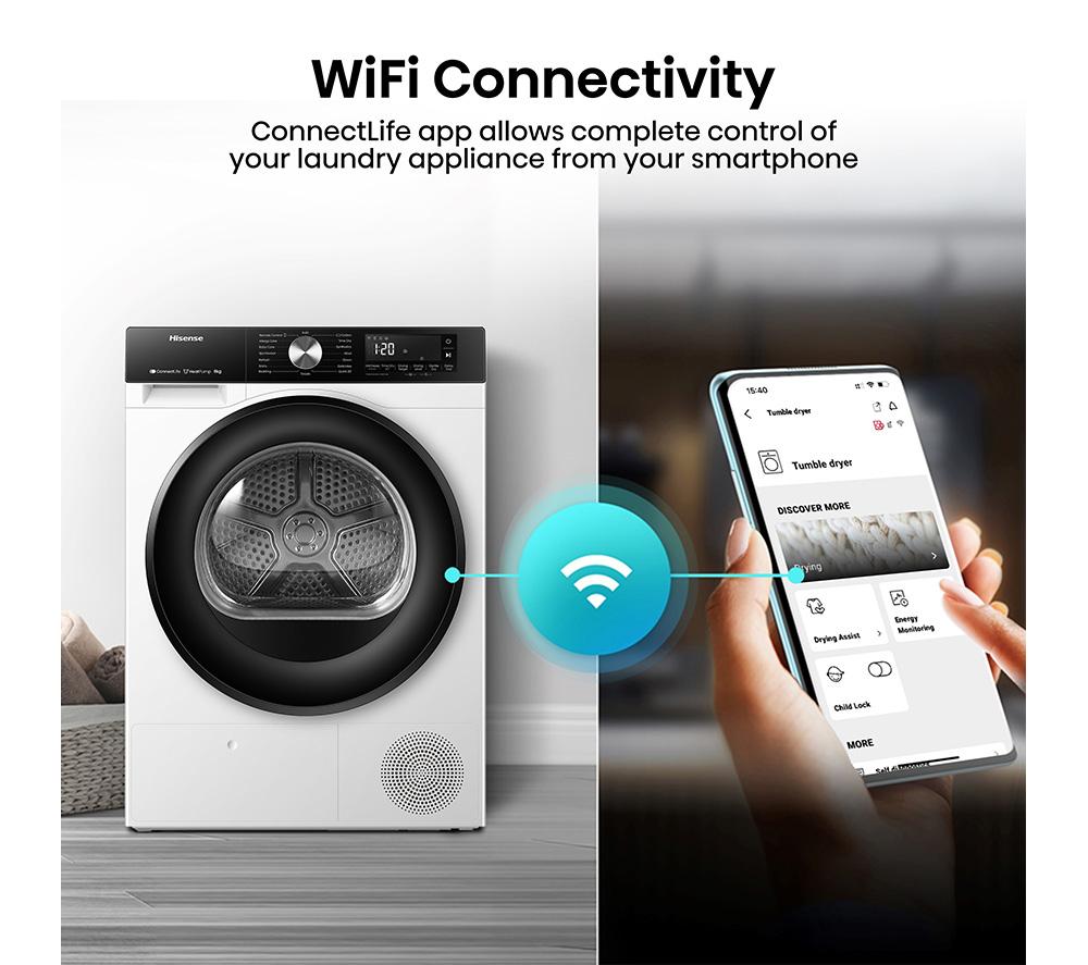HISENSE 3S Series DH3S802BW3 WiFi-enabled 8 kg Heat Pump Tumble Dryer - White image number 9 of 16
