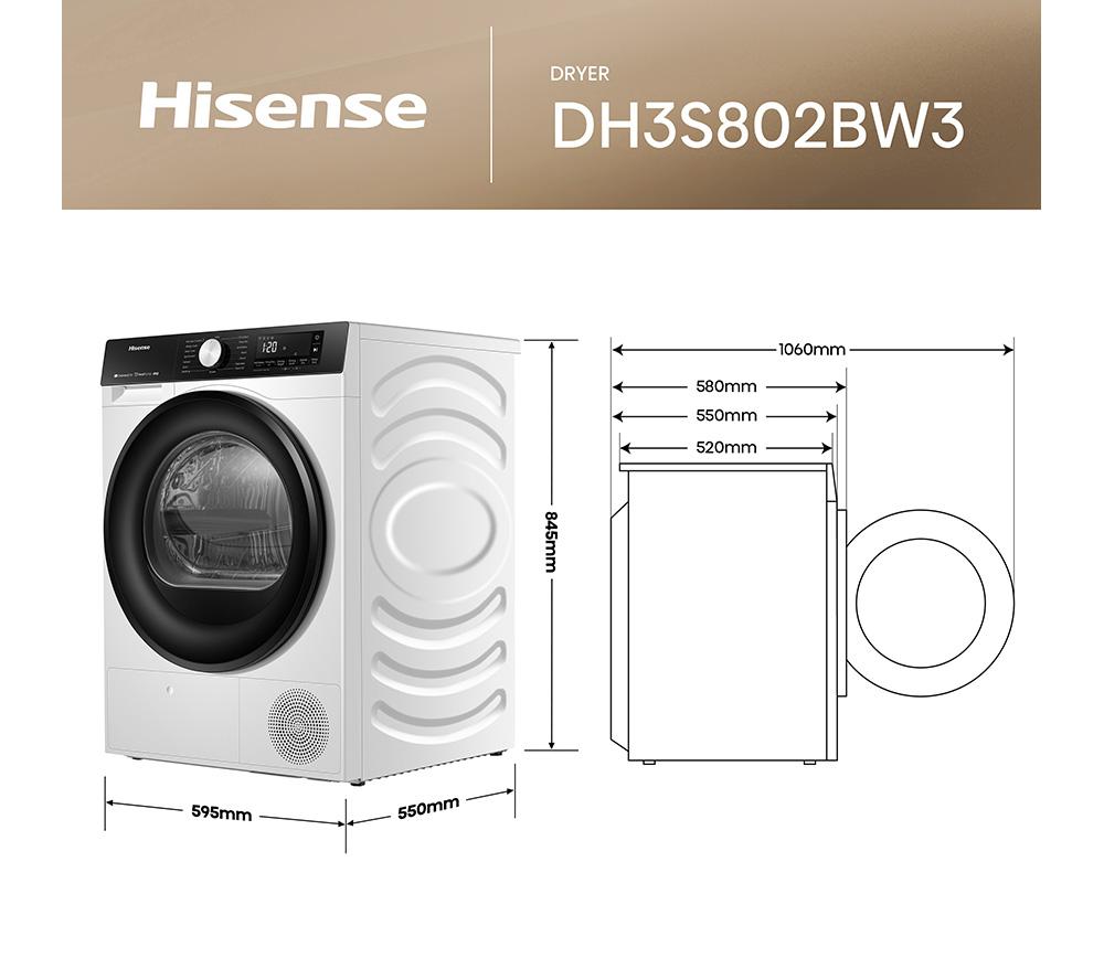 HISENSE 3S Series DH3S802BW3 WiFi-enabled 8 kg Heat Pump Tumble Dryer - White image number 14 of 16
