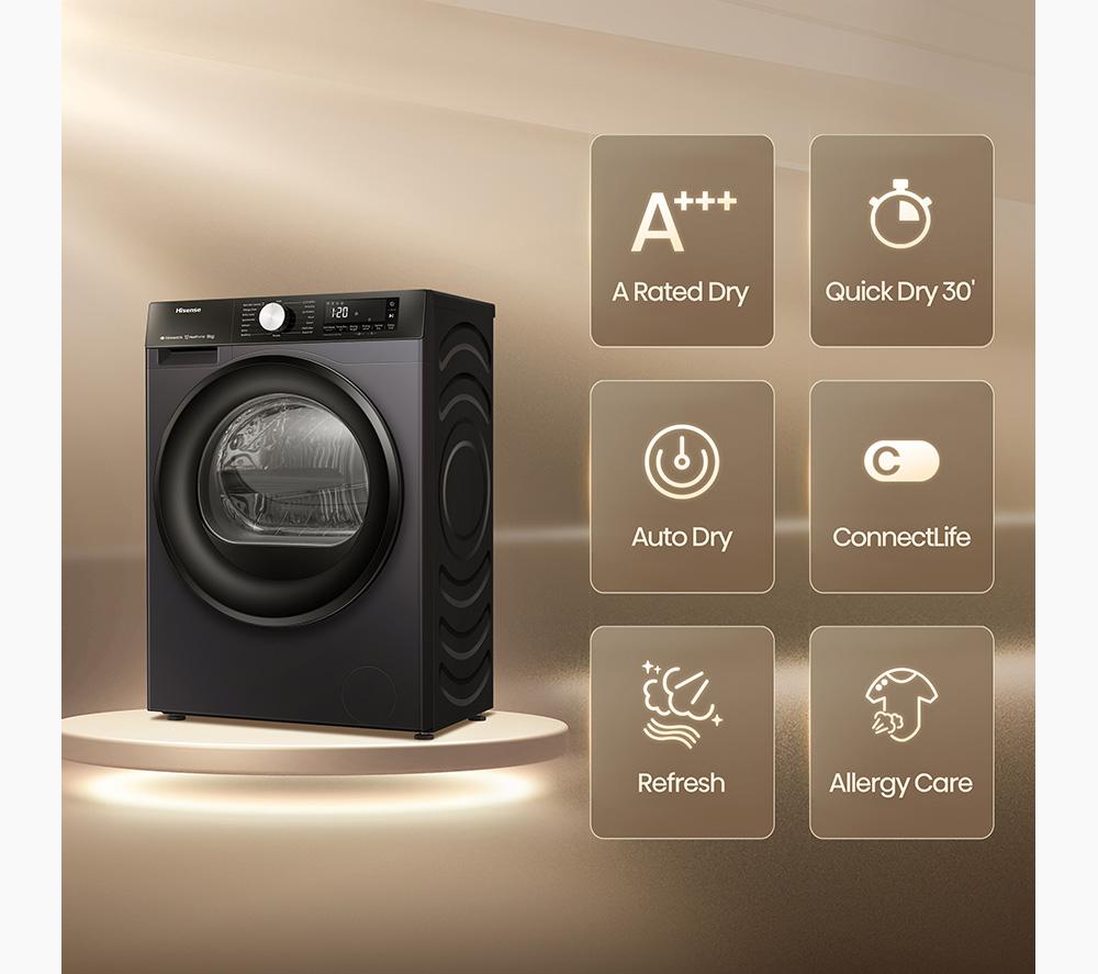 HISENSE 3S Series DH3S802BB3 WiFi-enabled 8 kg Heat Pump Tumble Dryer - Black image number 2 of 14