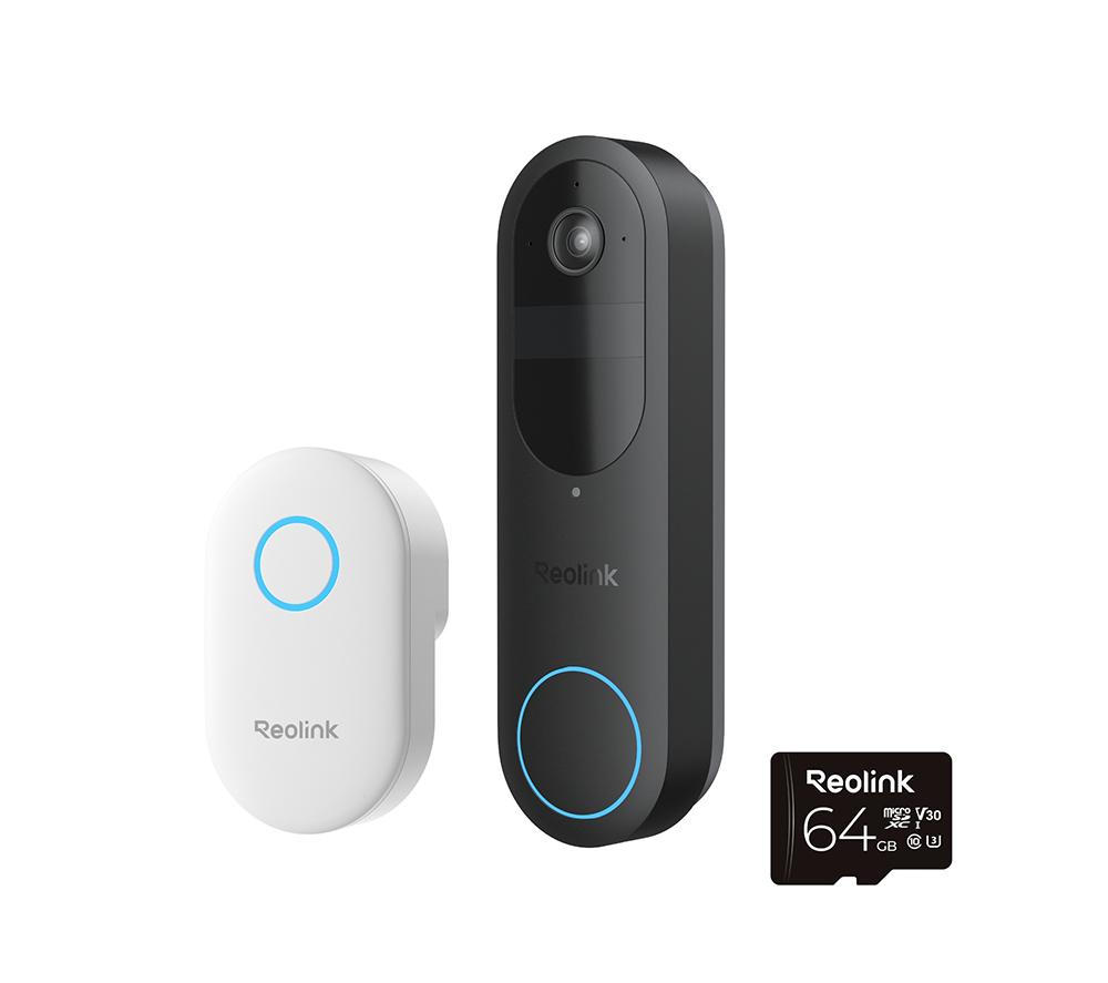 Reolink D340b 2K Smart Video Doorbell, Chime & 64 Gb Memory Card - Black & White, White,Black