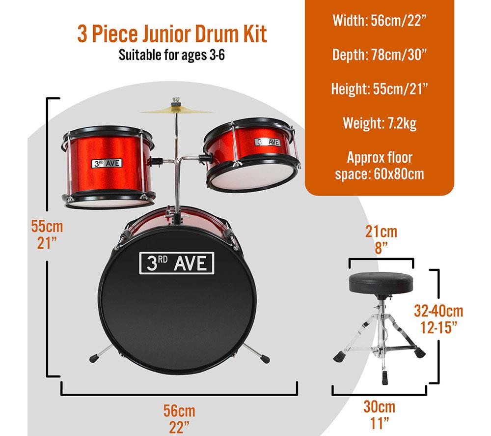 3RD AVENUE Junior 3-Piece Drum Kit - Red image number 2 of 4