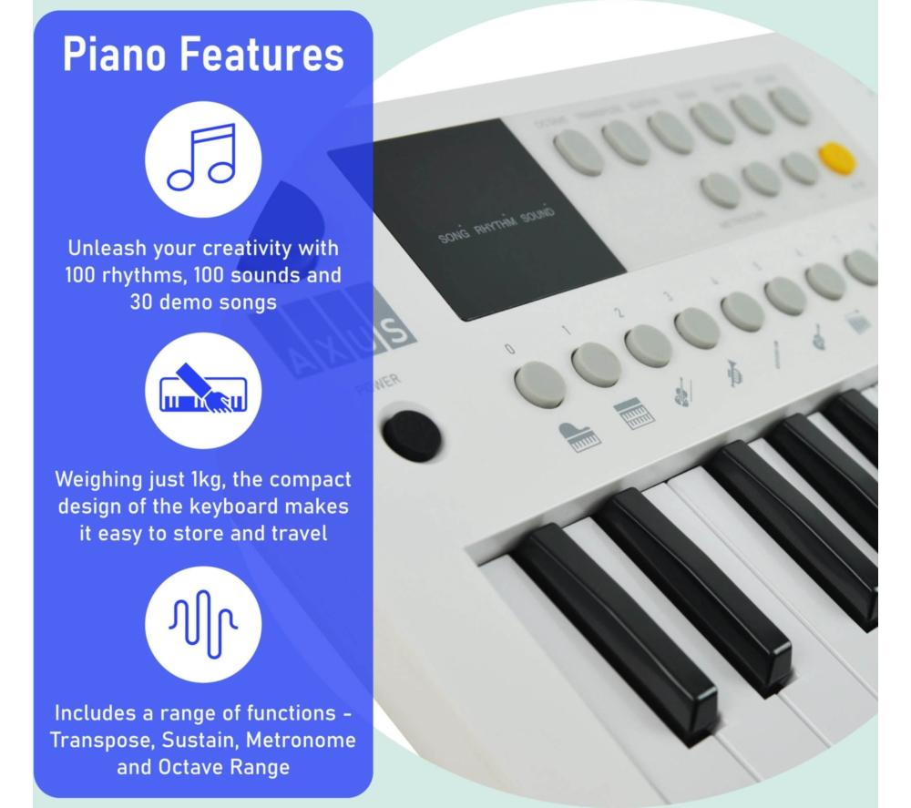 AXUS 37-Note Mini Portable Keyboard for Beginners - White image number 3 of 6