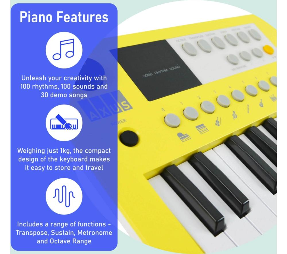 AXUS Axus 37-Note Mini Portable Keyboard for Beginners - Yellow image number 3 of 6