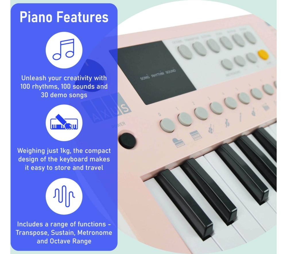 AXUS 37-Note Mini Portable Keyboard for Beginners - Pink image number 3 of 6