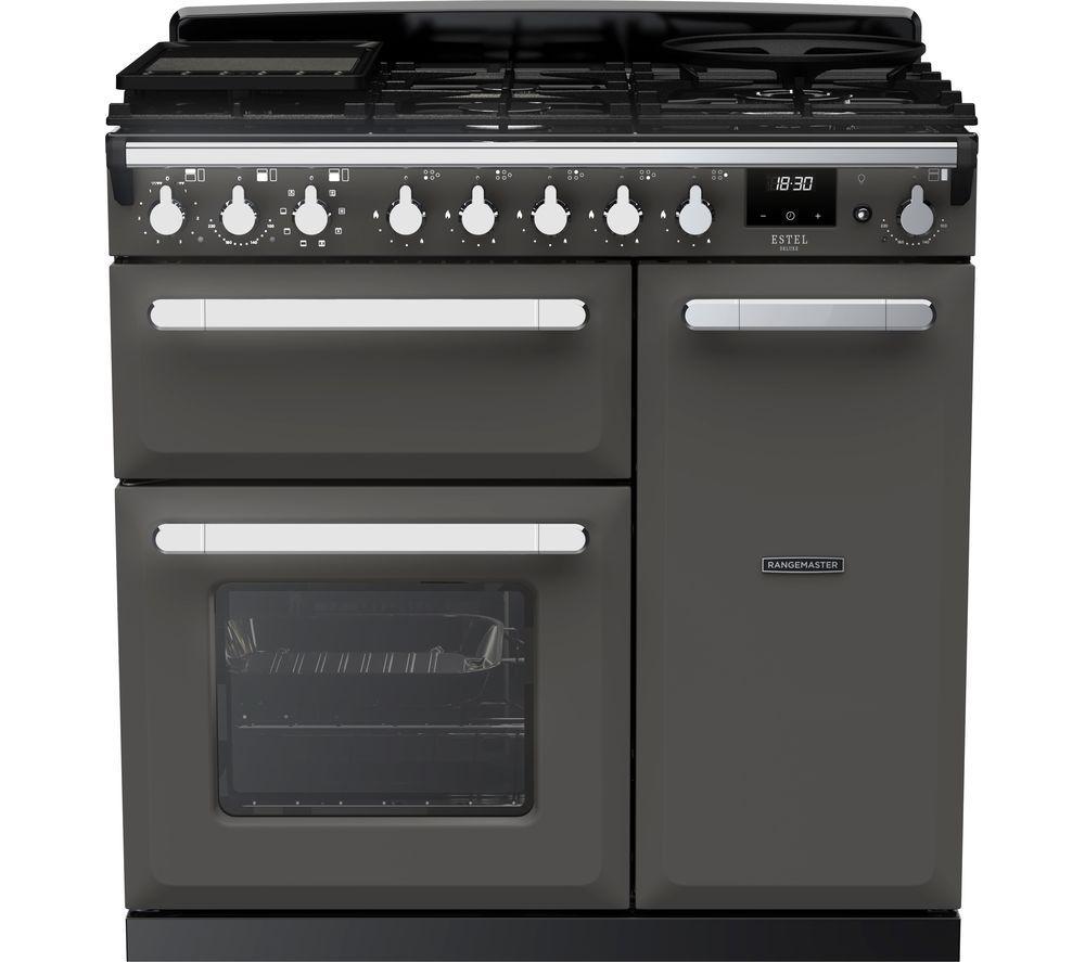RANGEMASTER Estel Deluxe ESDL90DFPSLT/CM1 90 cm Dual Fuel Range Cooker – Slate & Chrome, Silver/Grey,Black