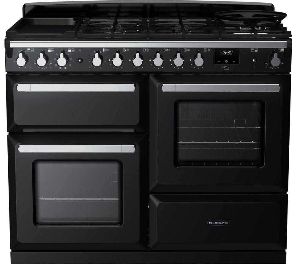 RANGEMASTER Estel Deluxe ESDLO110DFPGBL/CM1 110 cm Dual Fuel Range Cooker – Black & Chrome, Black