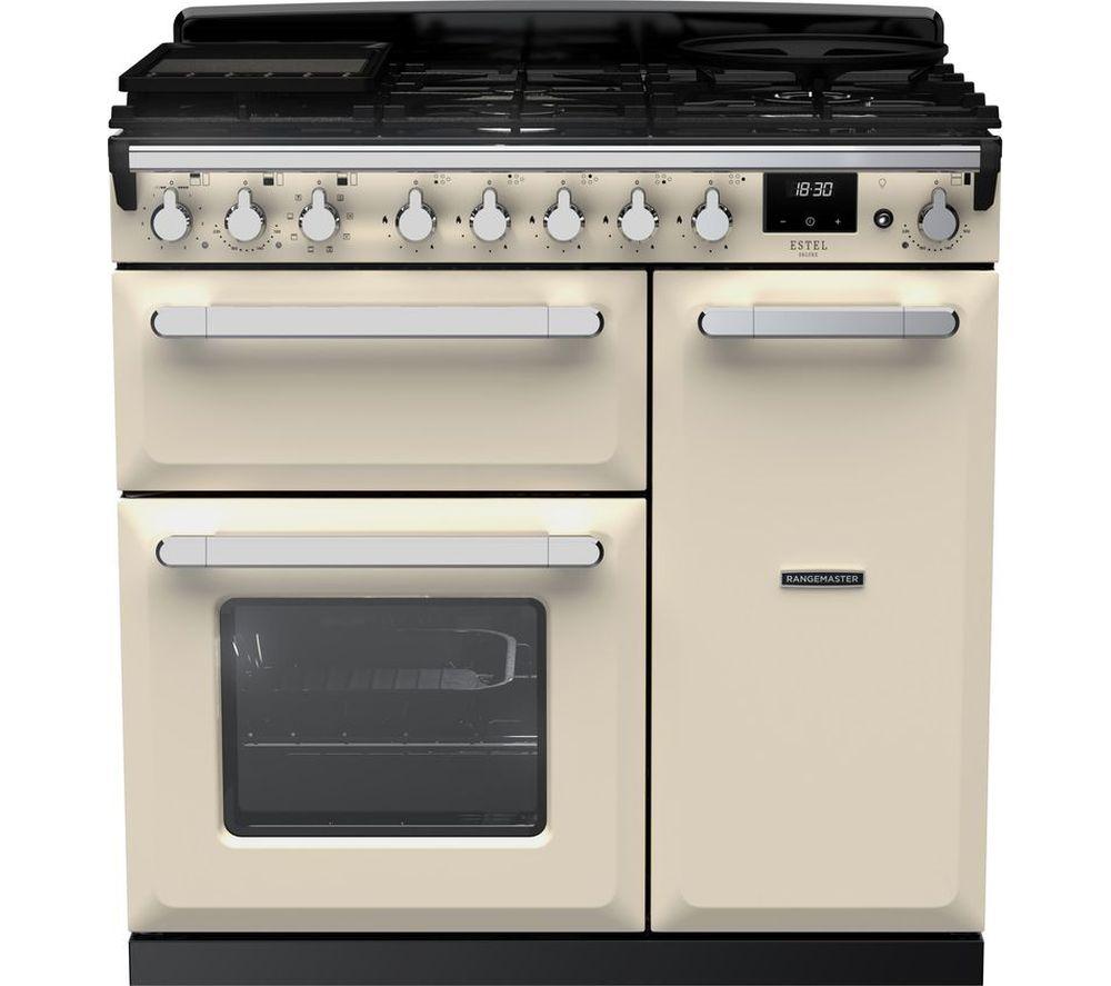 RANGEMASTER Estel Deluxe ESDL90DFPPCR/CM1 90 cm Dual Fuel Range Cooker – Pale Cream & Chrome, Silver/Grey,Cream