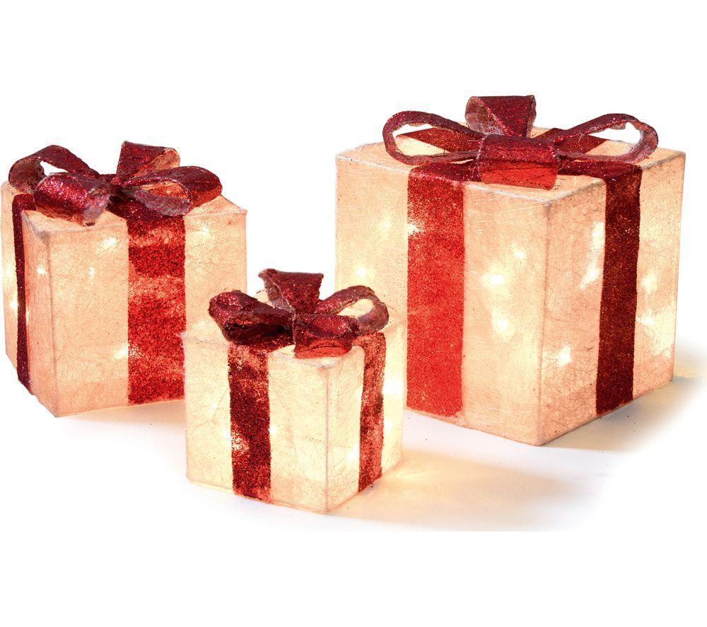 Premier Light Up Christmas Parcels with 40 Warm White LEDs - Gold & Red, Set of 3