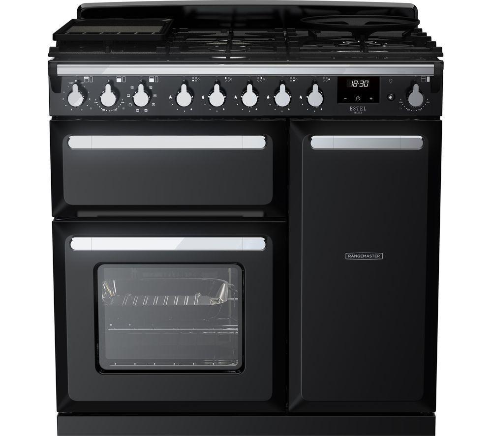 RANGEMASTER ESDL90DFPGBL/CM1 Estel Deluxe 90cm Dual Fuel Range Cooker – Black & Chrome, Black