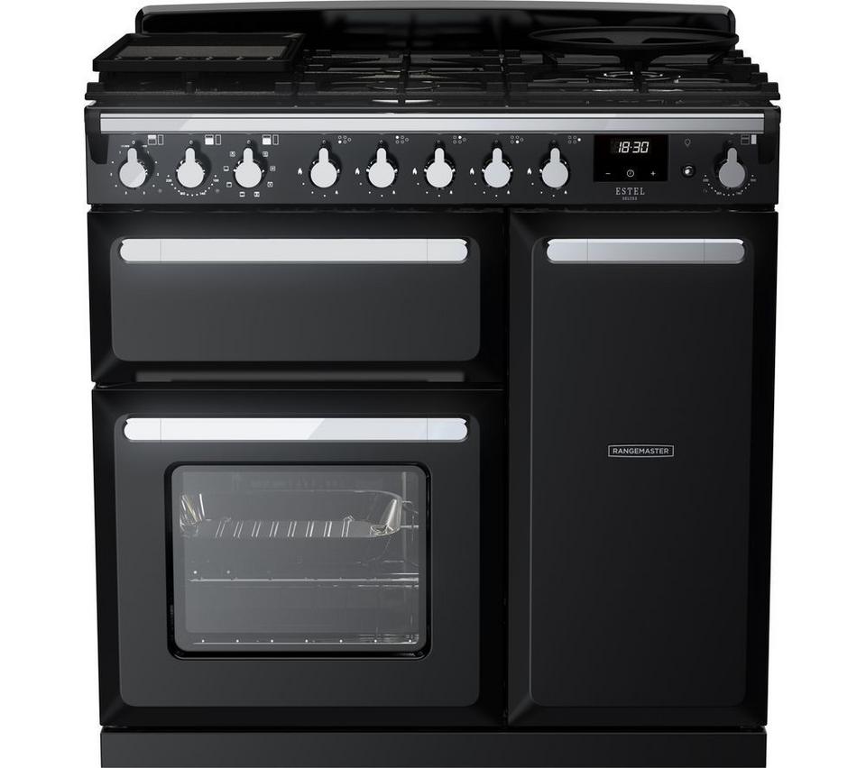 RANGEMASTER ESDL90DFPGBL/CM1 Estel Deluxe 90cm Dual Fuel Range Cooker - Black & Chrome