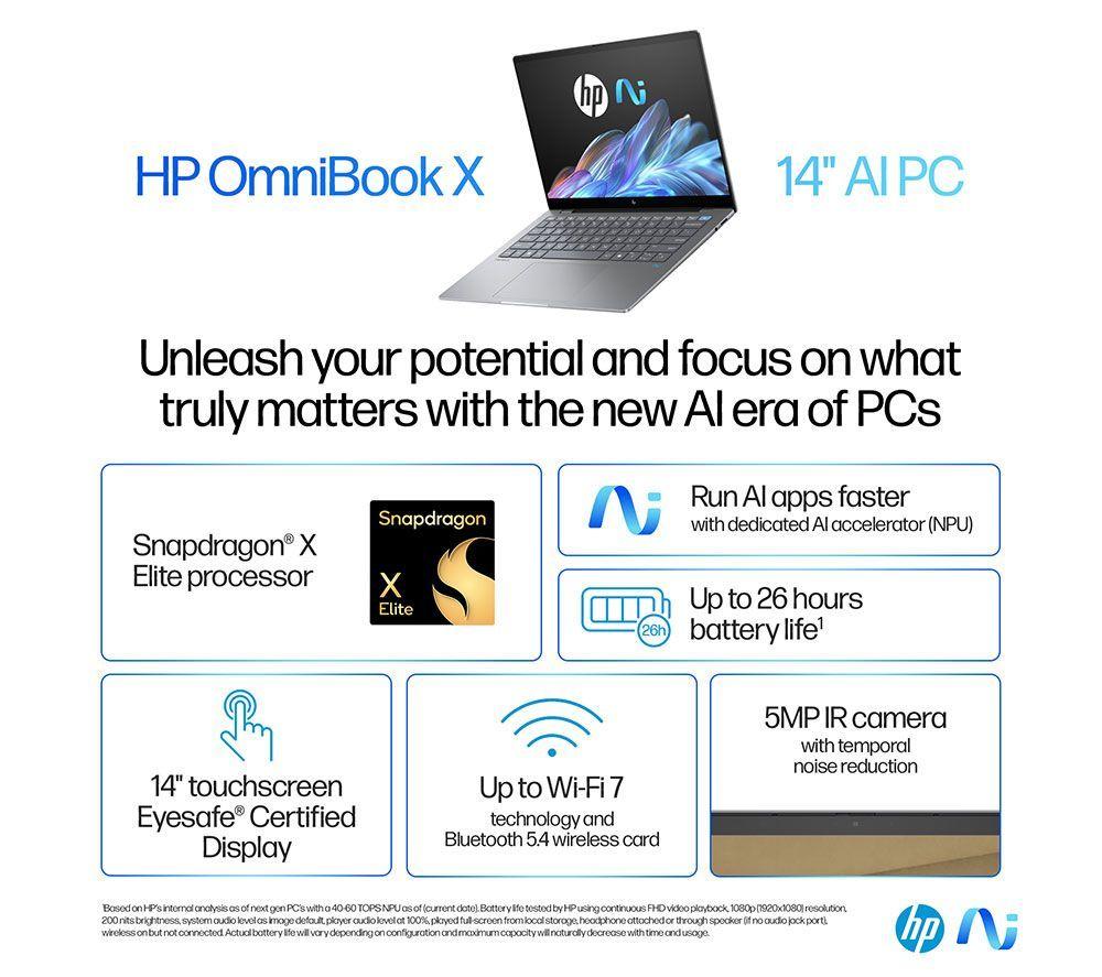 HP OmniBook X 14" Refurbished Laptop, Copilot+ PC - Snapdragon X Elite, 1 TB SSD, Silver (Excellent Condition) image number 3 of 19