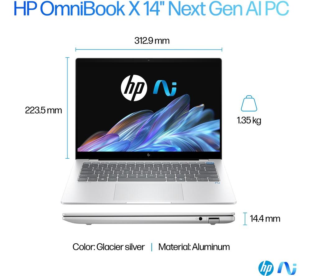 HP OmniBook X 14" Laptop, Copilot+ PC - Snapdragon X Plus, 512 GB SSD, Silver image number 22 of 32