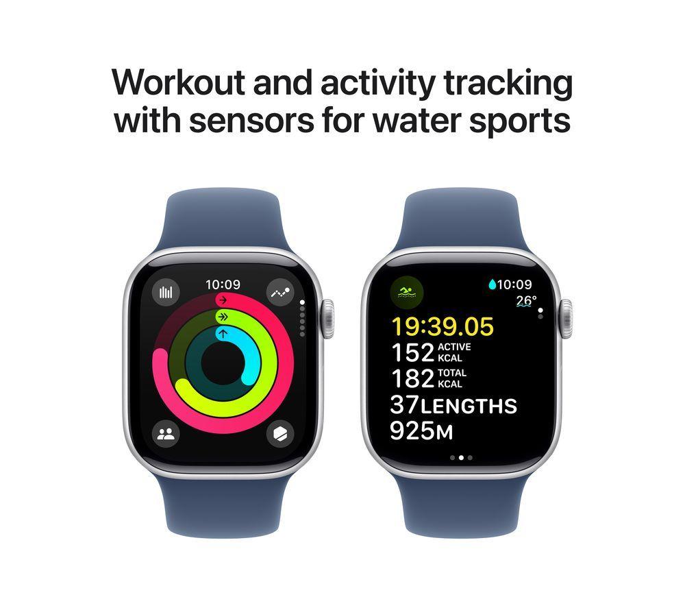 APPLE Watch Series 10 - 42 mm Jet Silver Aluminium Case with Denim Sport Band, M/L image number 4 of 10