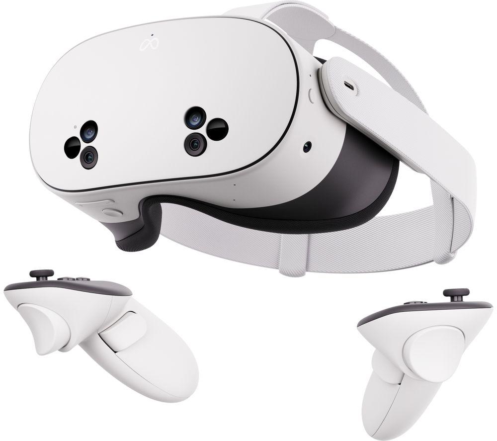 A white VR headset with two controllers