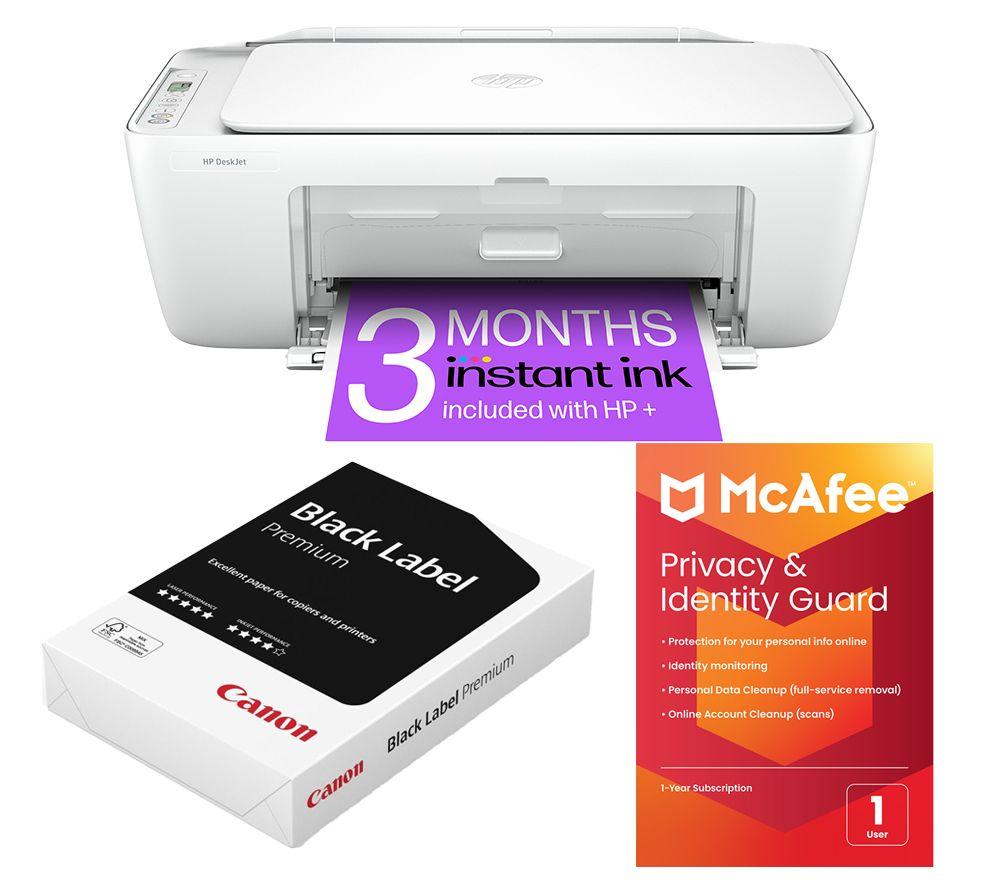 HP DeskJet 2810e All-in-One Wireless Inkjet Printer & Instant Ink with HP+, A4 Premium Black Label Paper (500 Sheets) & Privacy & Identity Guard (1 year for 1 user) Bundle, White