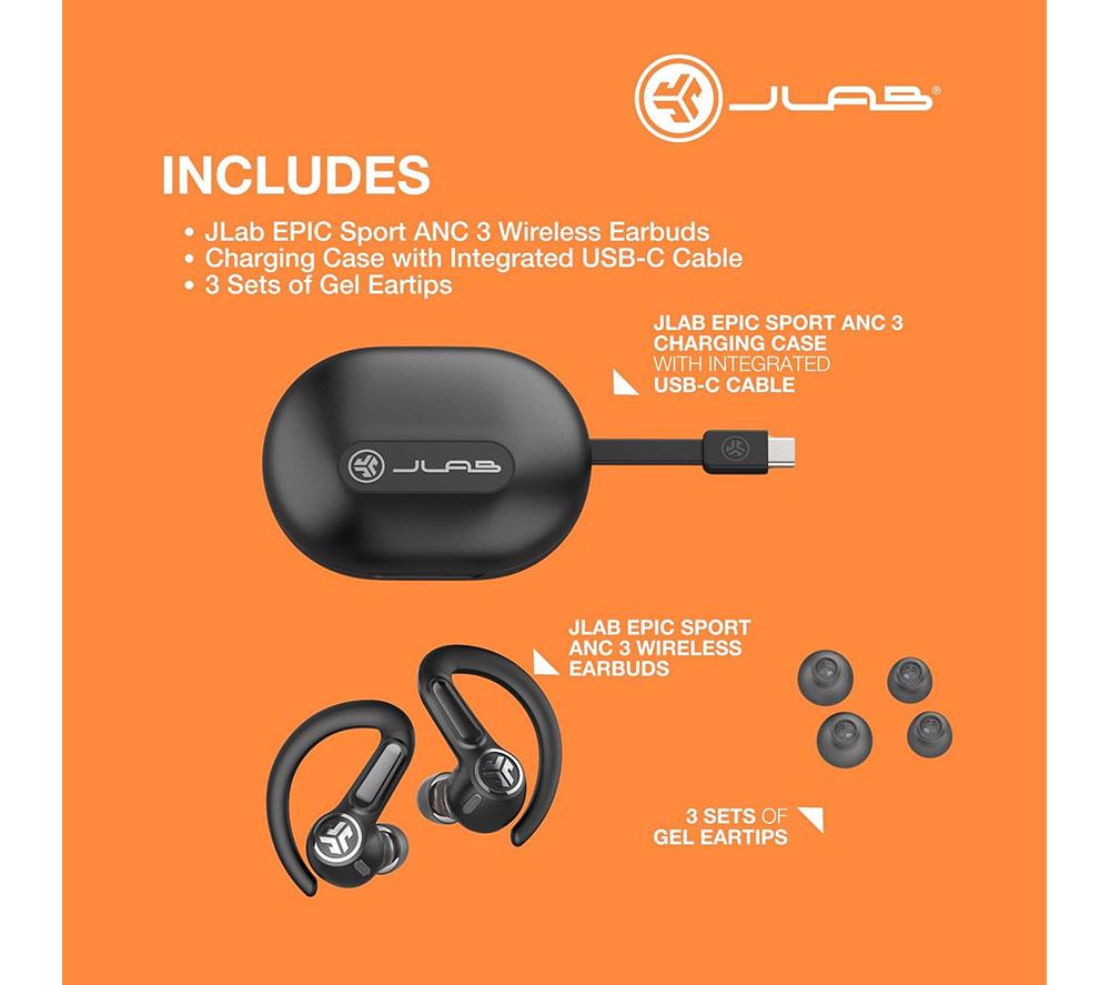 JLAB Epic Air Sport ANC 3 Wireless Bluetooth Noise-Cancelling Earbuds - Black image number 7 of 7