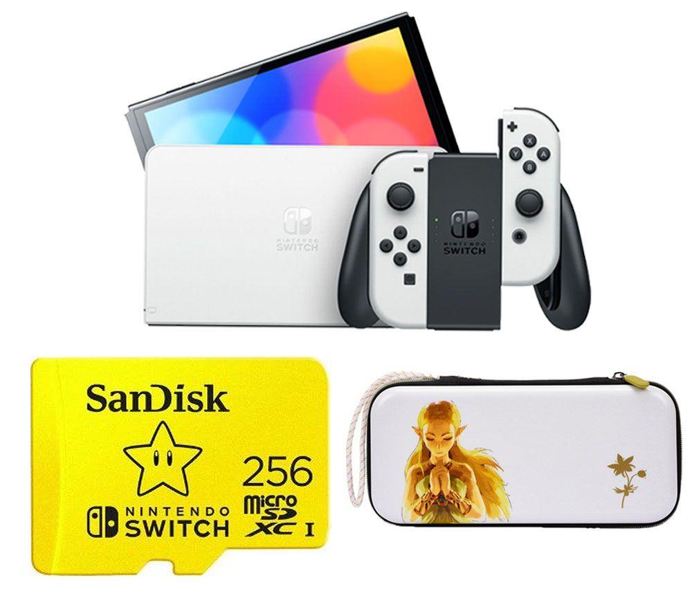 Nintendo Switch OLED, Princess Zelda Slim Travel Pro Case & 256 GB High Performance Class 10 microSD Memory Card Bundle - White, White